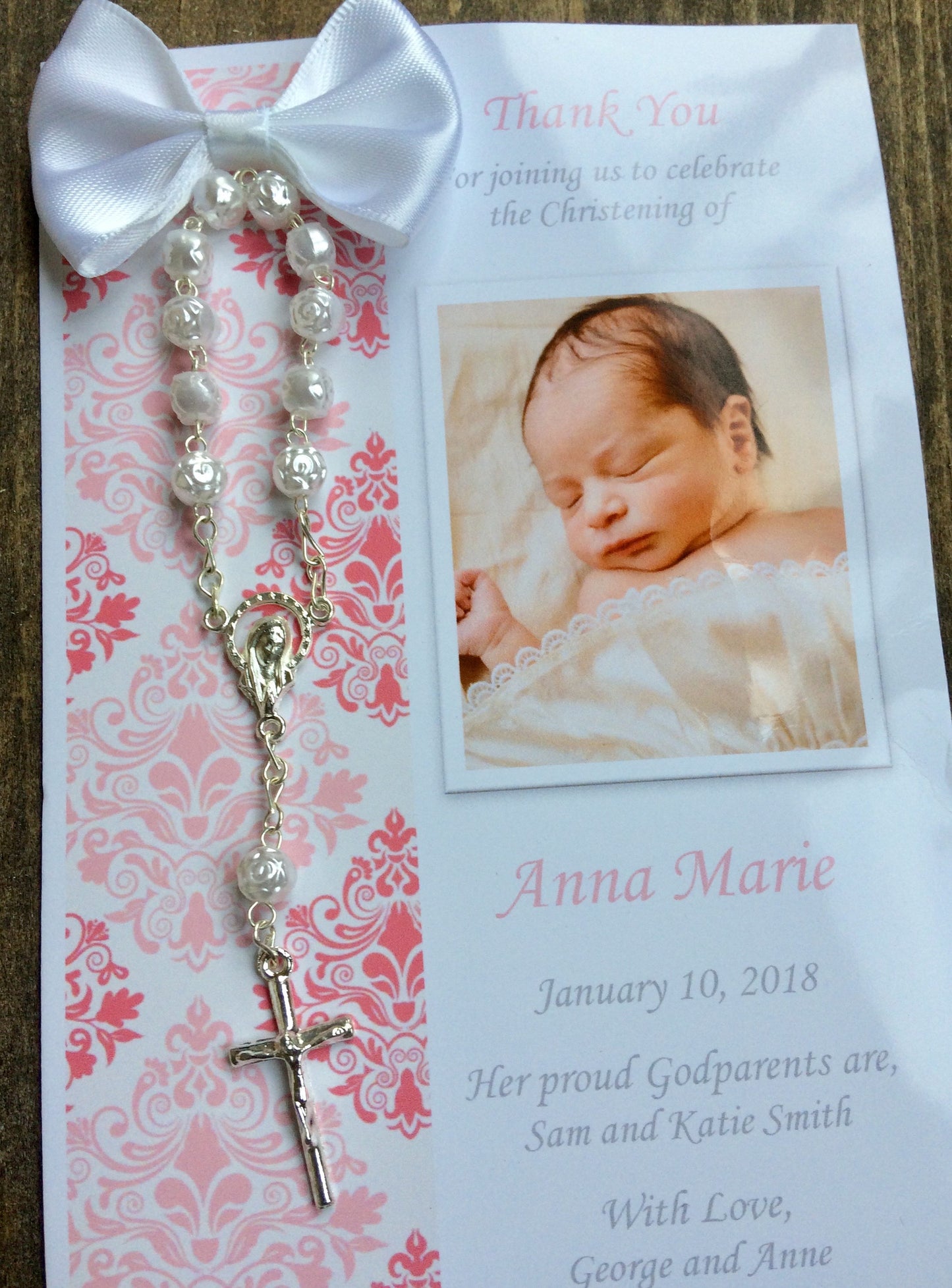 Thank you favor/ 25 pcs Baptism damask pink Favor Cards/Cross rosaries/Baptism Rosary Favor Cards/ Christening Rosary Favor Cards/ Thank you