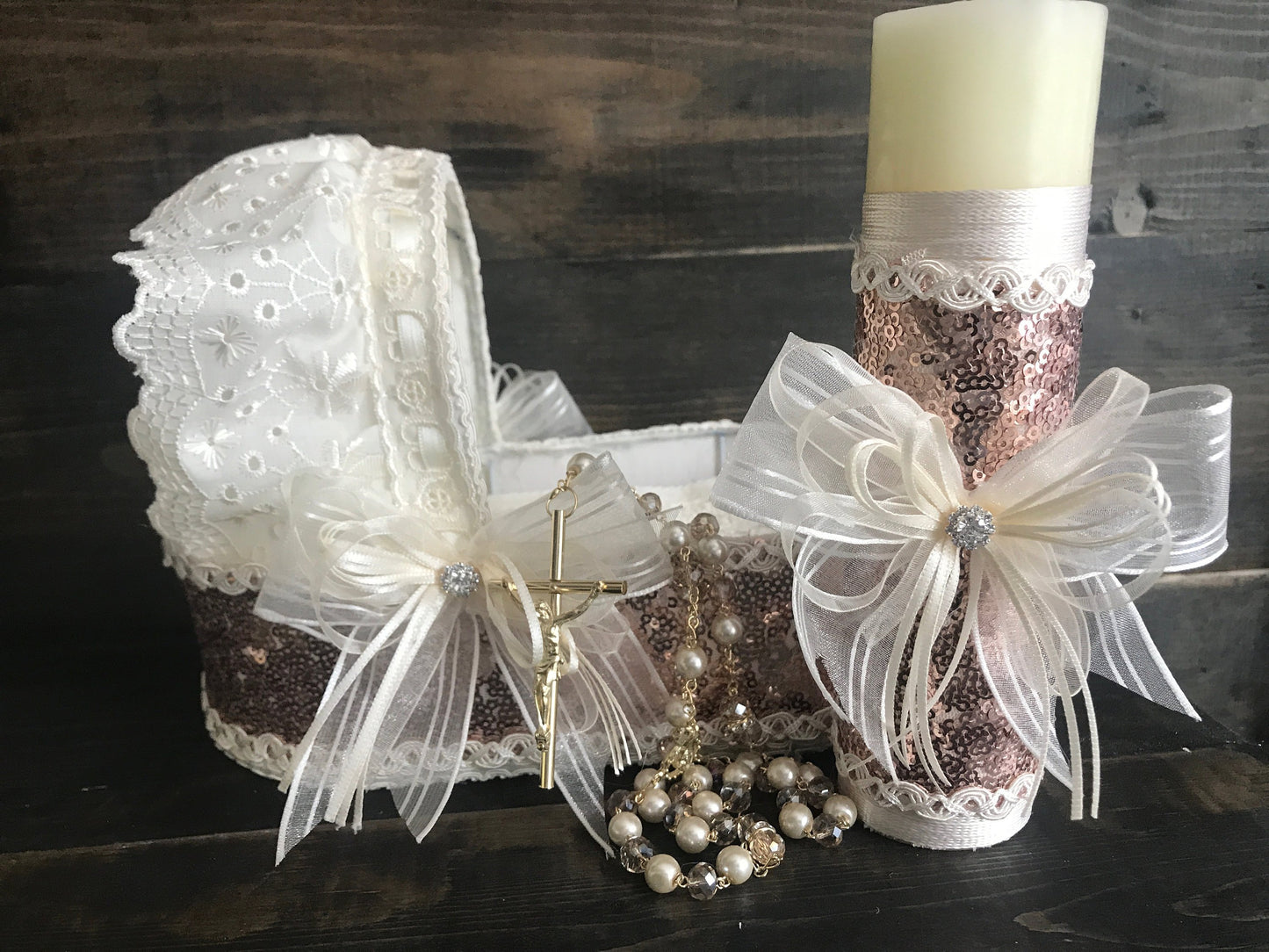 Ivory sequin candle set, Vela para bautizo, Baptism candle set bassinet