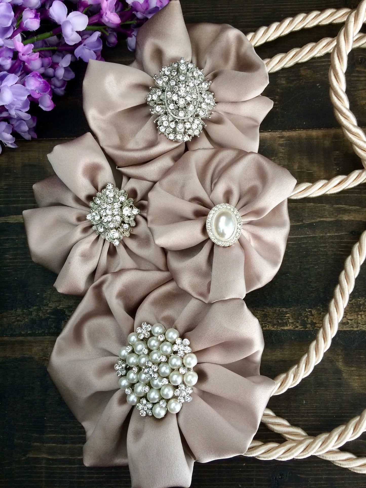 Traditional wedding rope lasso, champagne lasso with silver diamond brooches