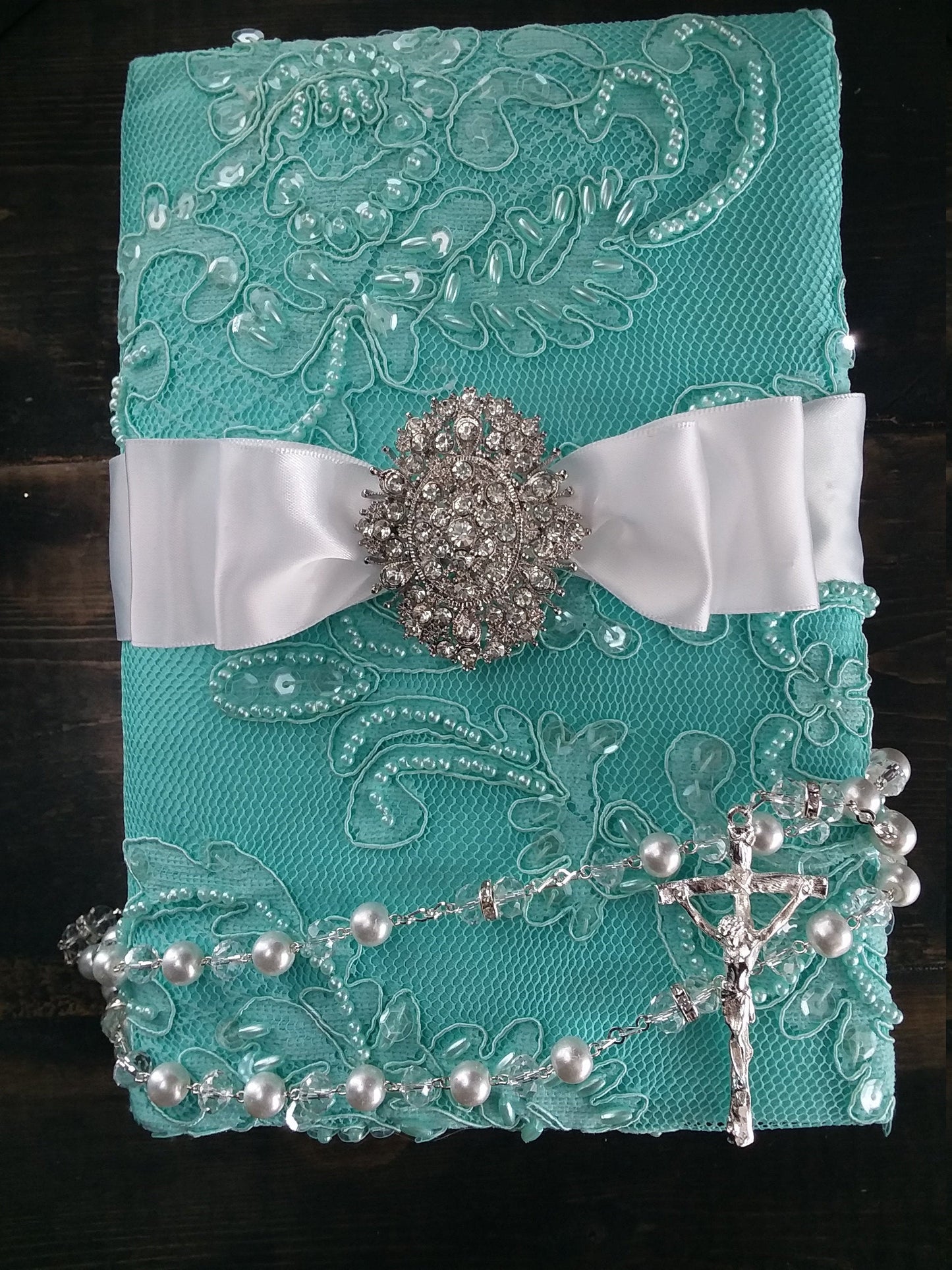 wedding ceremony lace bible and Rosary/aqua blue bible/Libro y Rosario/catholic bible/wedding bible rosary/lace bible, lace communion bible