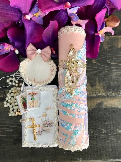 Communion/Baptism Dusty Iridescent lace candle set/Baptism candle/vela para bautizo/sacrament candle/boy candle girl candle, baptism