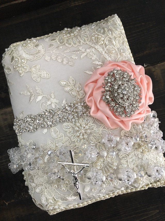 Wedding ceremony/lace ivory bible/burgundy catholic Lace Wedding bible and Rosary