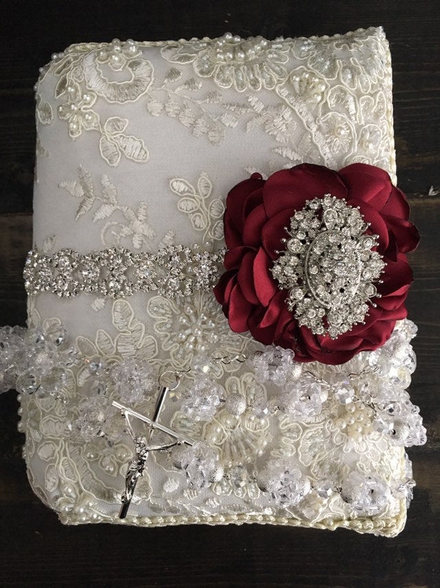 Wedding ceremony/lace ivory bible/burgundy catholic Lace Wedding bible and Rosary