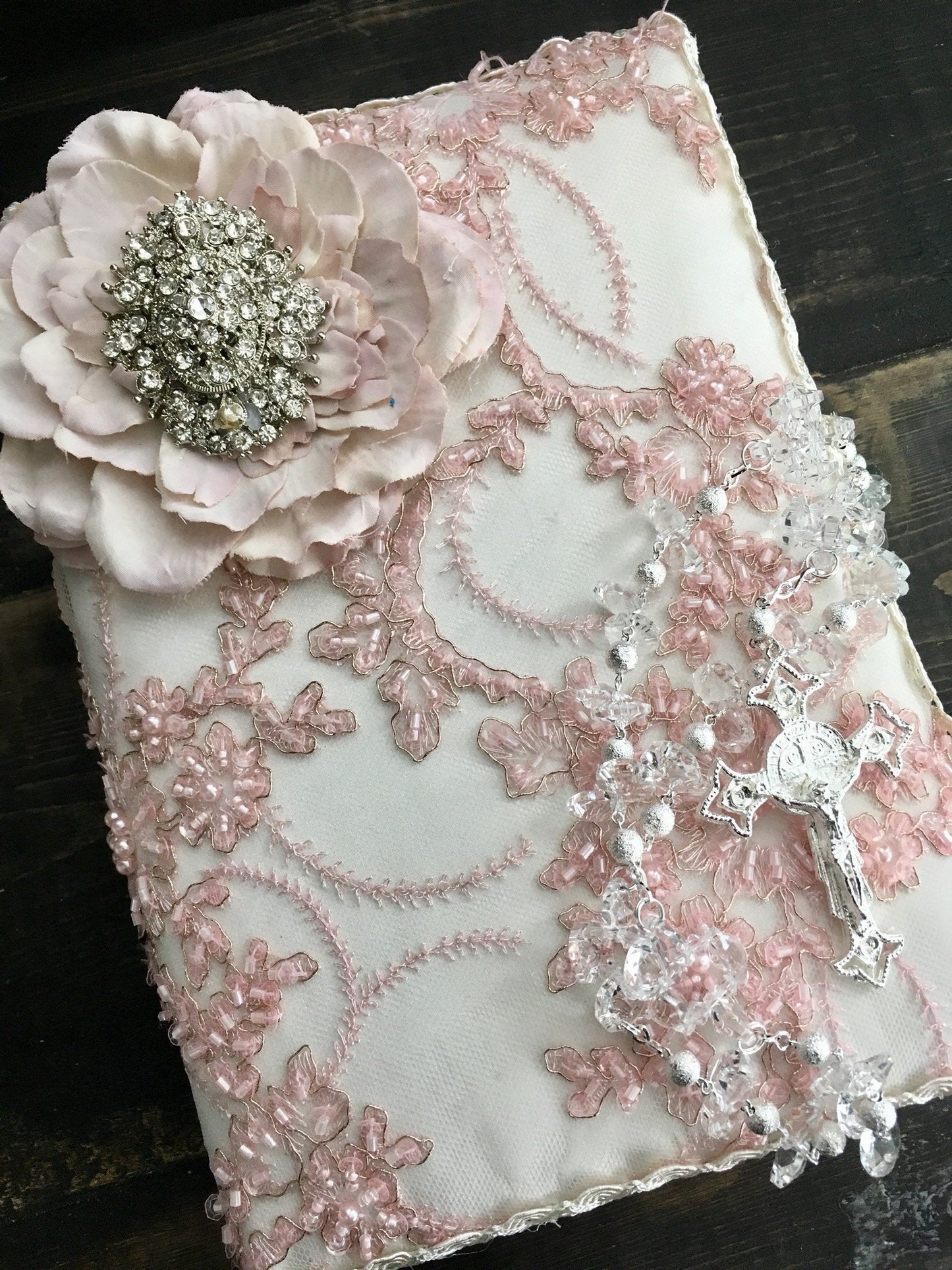 Pink white wedding bible, catholic bible white flowers, Wedding bible Lace pearl, Catholic wedding bible and wedding Rosary