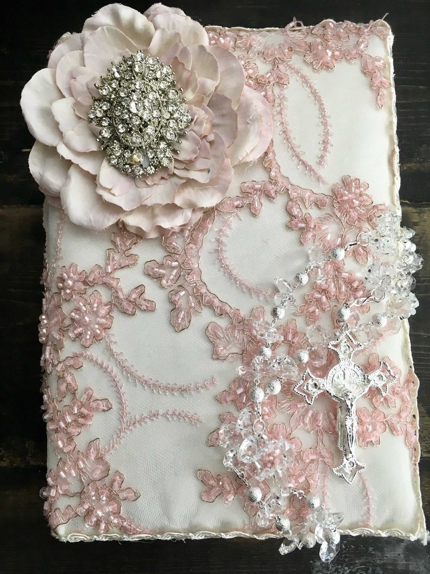 Pink white wedding bible, catholic bible white flowers, Wedding bible Lace pearl, Catholic wedding bible and wedding Rosary