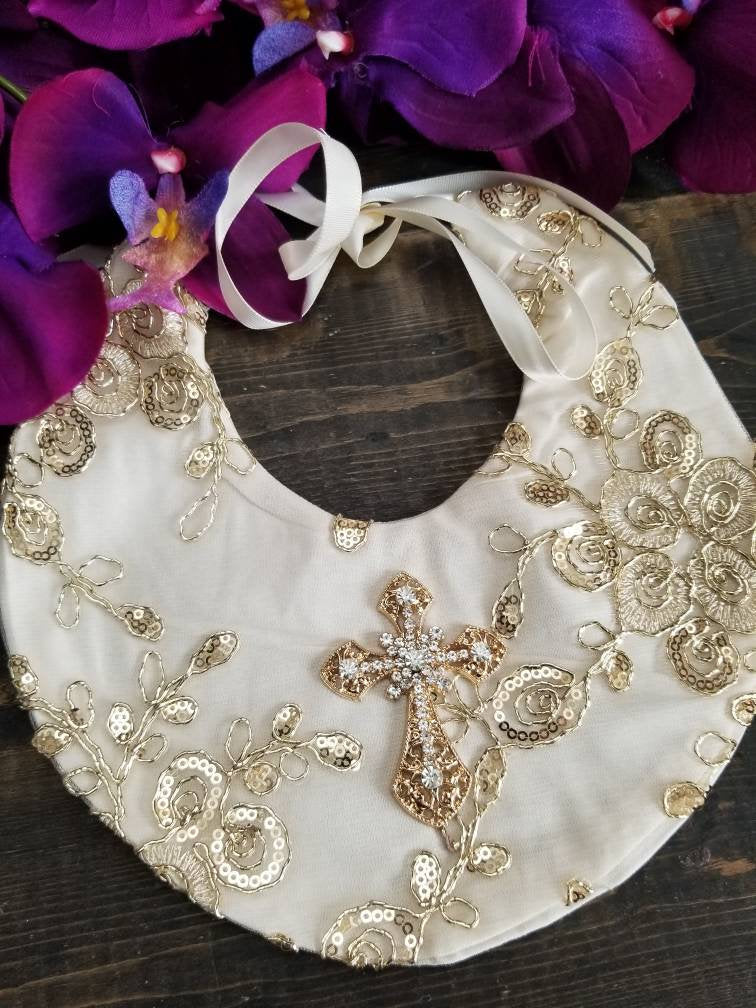Christening Bib, Baby bib, Baptism Bib, Baptism Gift, Baby baptism,Ivory Baby lace Bib Baptism, Rhinestone Cross with Ivory baby bib lace