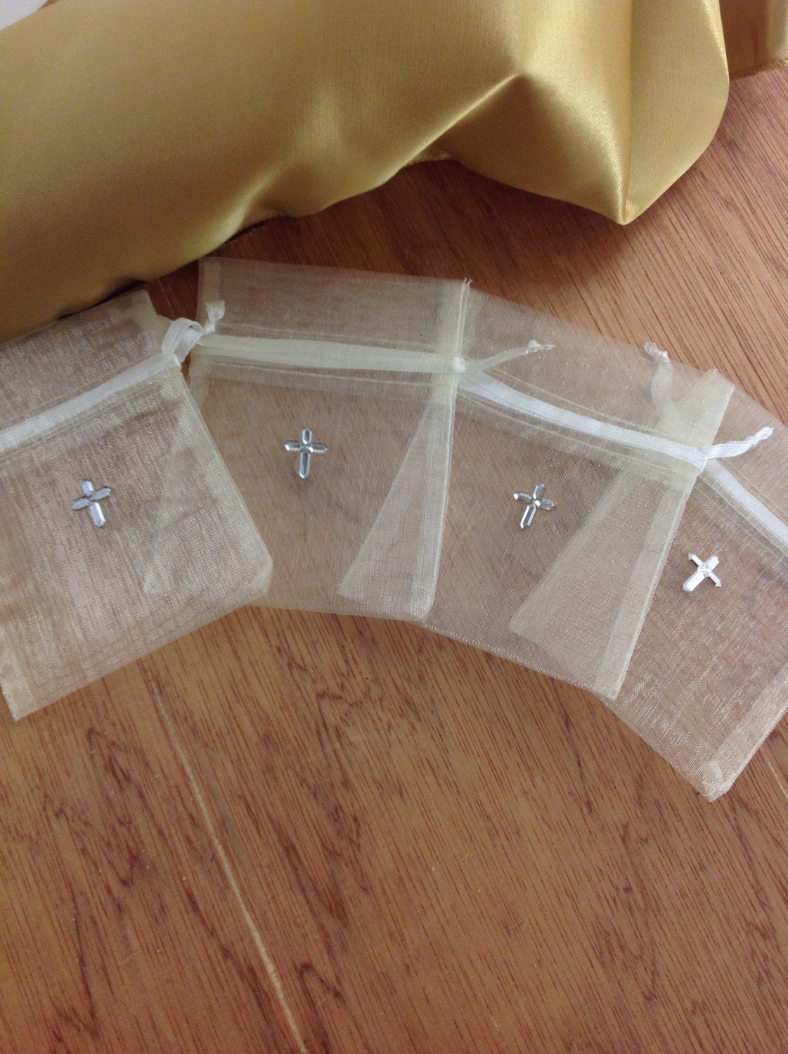 Baptism favor/ 12 pcs Baptism Favors/Christening Favor/ Ivory/Grey Organza Bags/with Rhinestone Cross