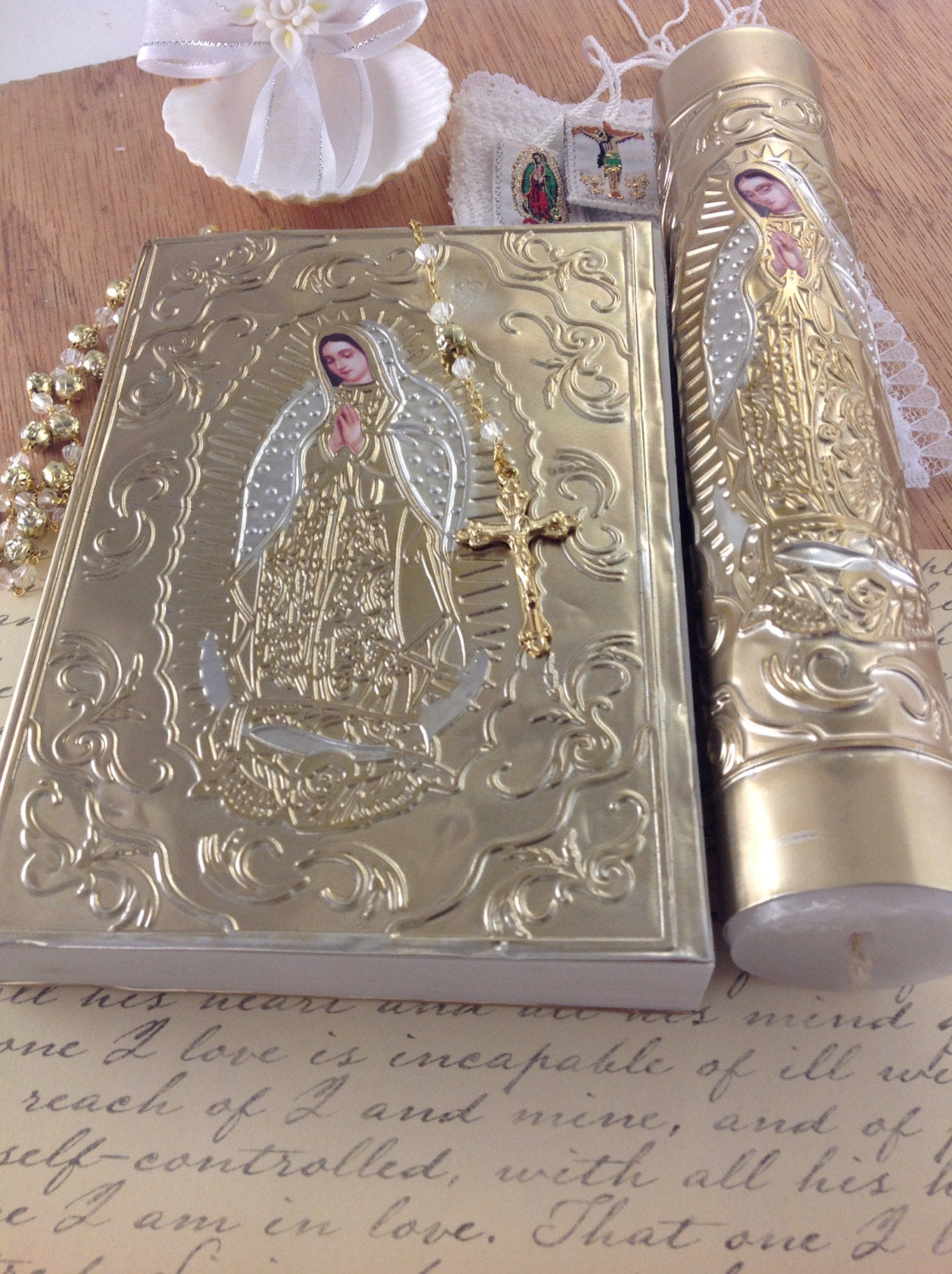 Communion candle, baptism candle, Bible, candle, scapular, and rosary, Virgen de guadalupe