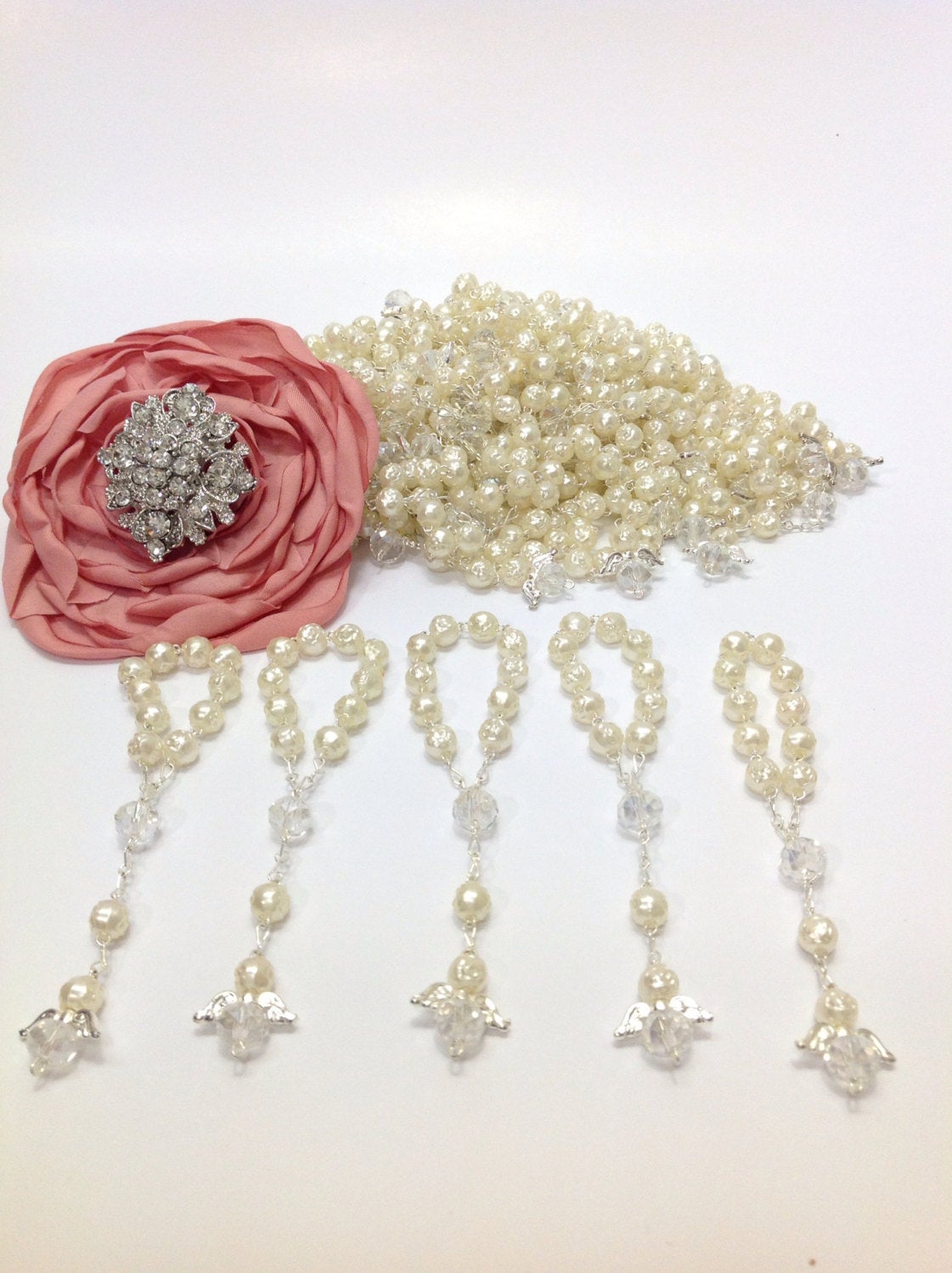 40 pcs Angel rosaries/decade rosaries/mini rosaries/Communion favors Recuerditos Bautizo 40pz/Mini Pearl Rosary Baptism Favors