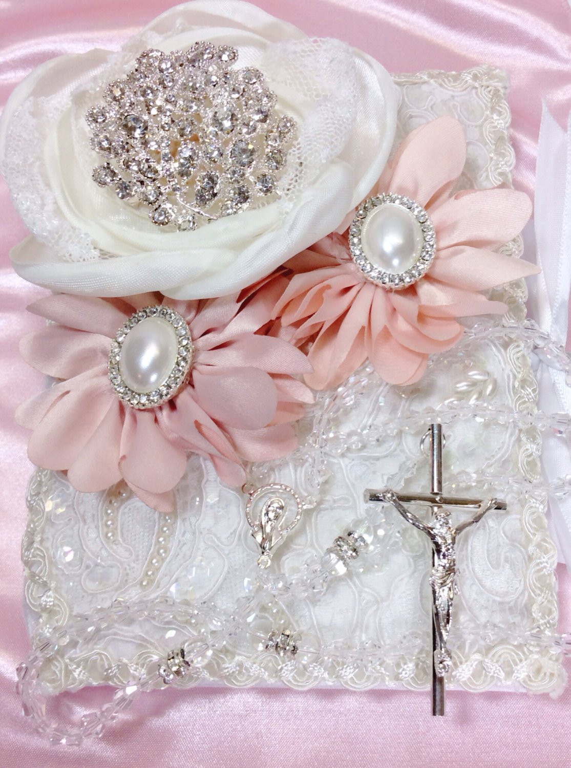 Red Love flowers Lace Wedding bible and Rosary
