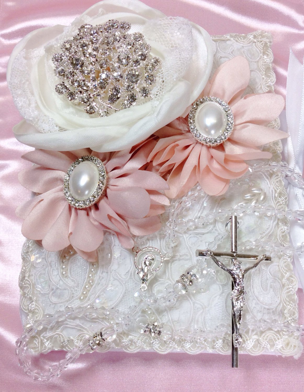 Red Love flowers Lace Wedding bible and Rosary