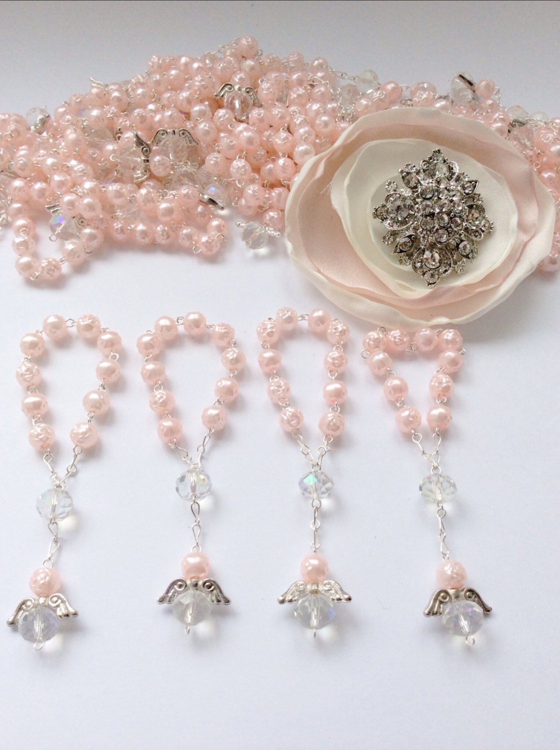 45 pcs Angel mini rosaries, Decade Rosaries, Wedding, First communion favors Recuerditos Bautizo 45pz/ Mini Pearl Rosary Baptism Favors