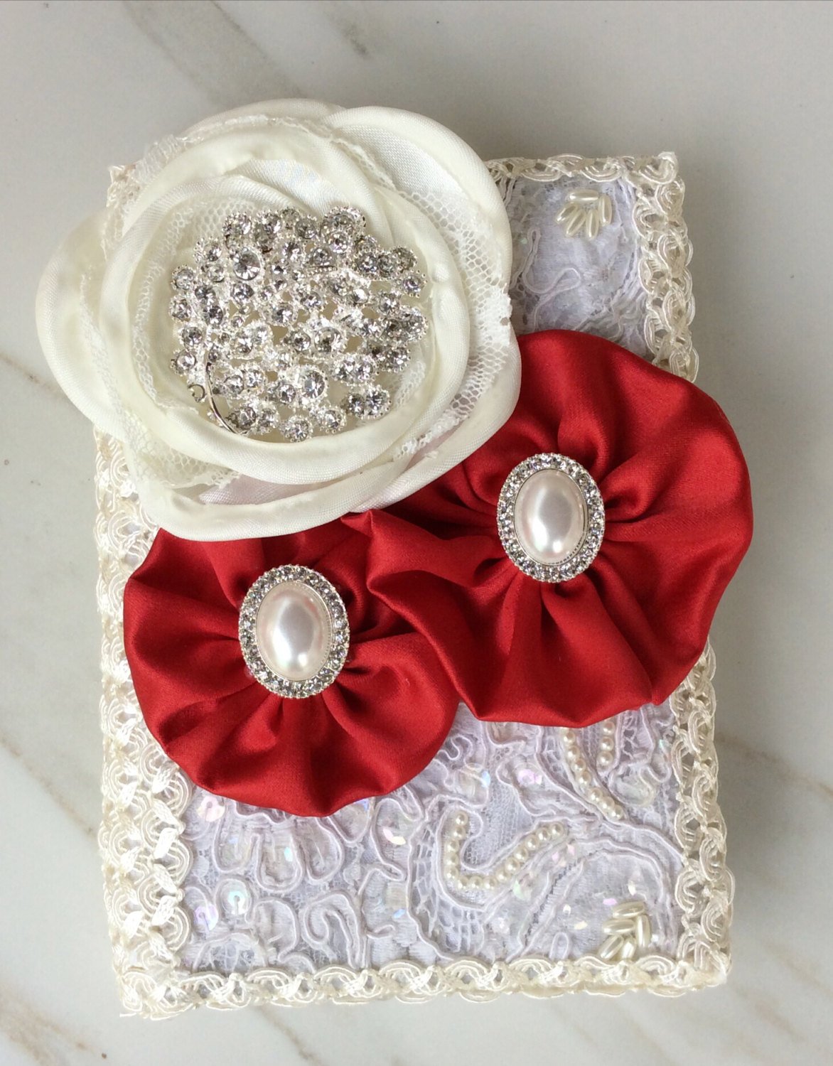 Red Love flowers Lace Wedding bible and Rosary