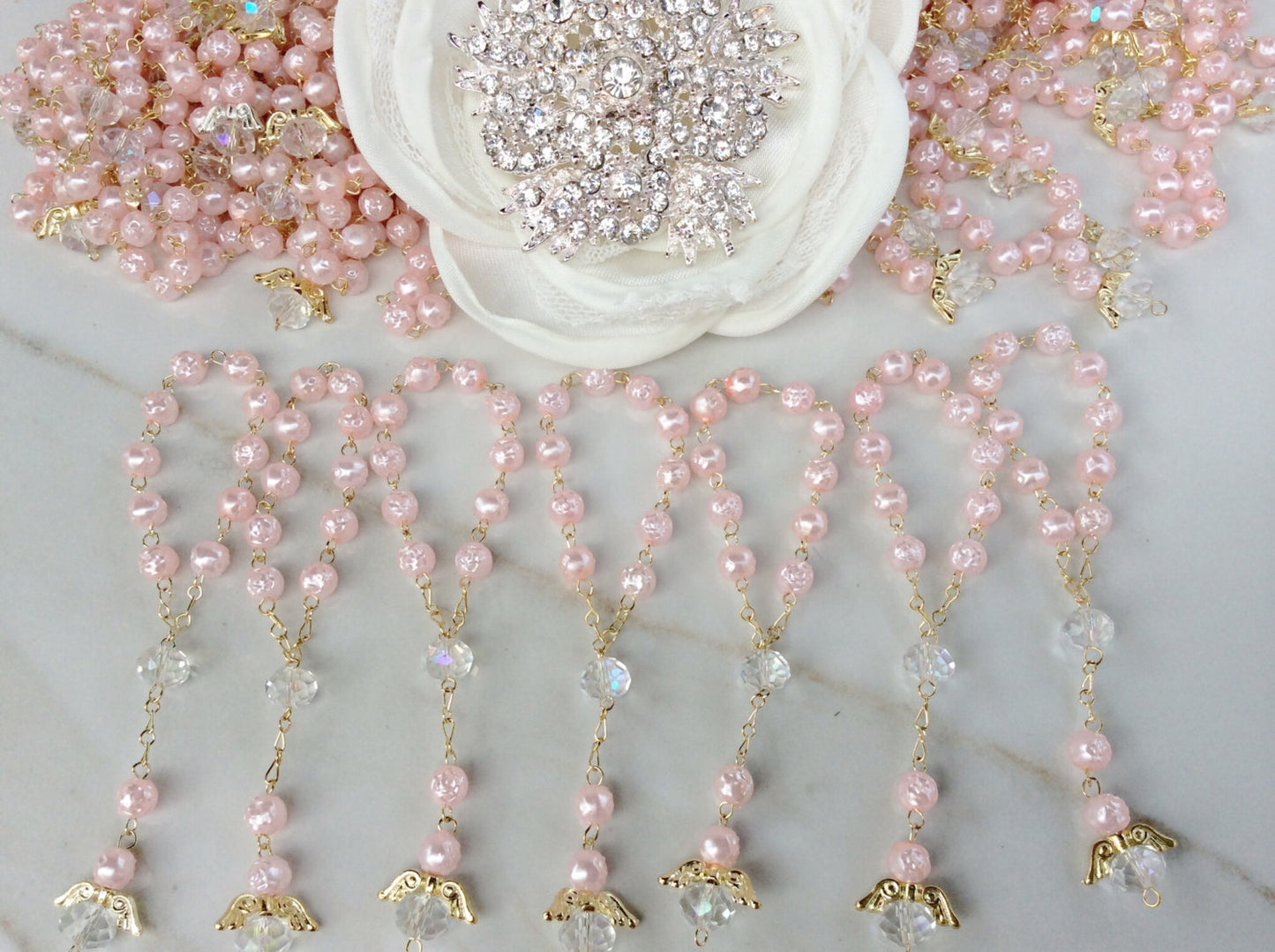 Rosary beads, Baptism favor rosaries, 40pcs Pearl Rose Gold favors, Recuerditos Bautizo, Mini Pearl Rosary Baptism Favors 40 pcs