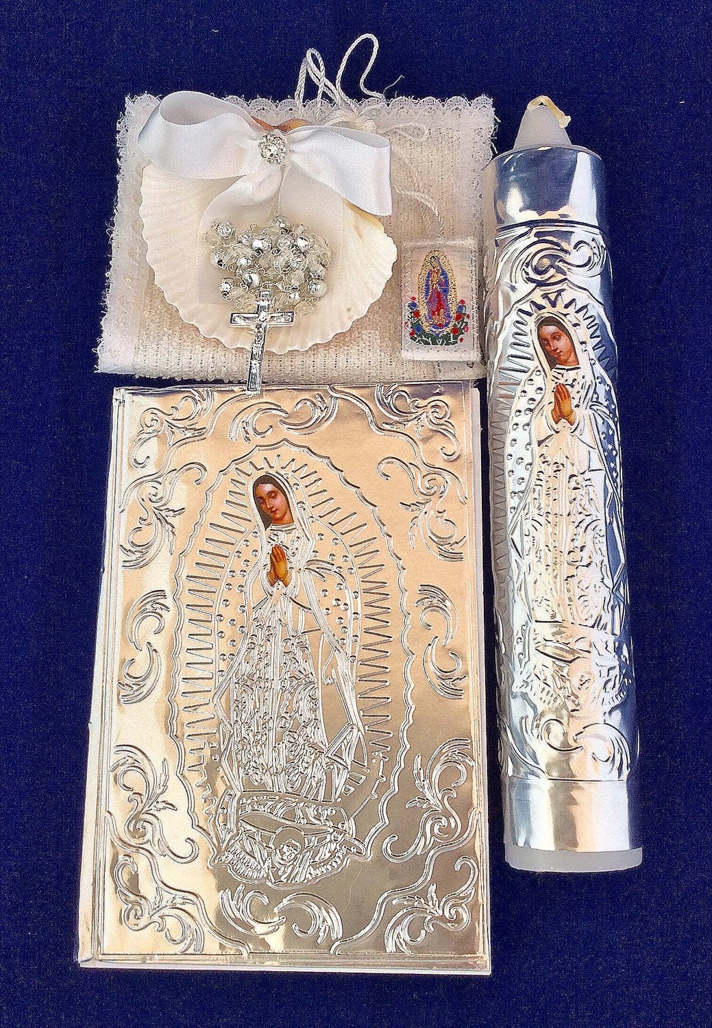 Communion candle, baptism candle, Bible, candle, scapular, and rosary, Virgen de guadalupe