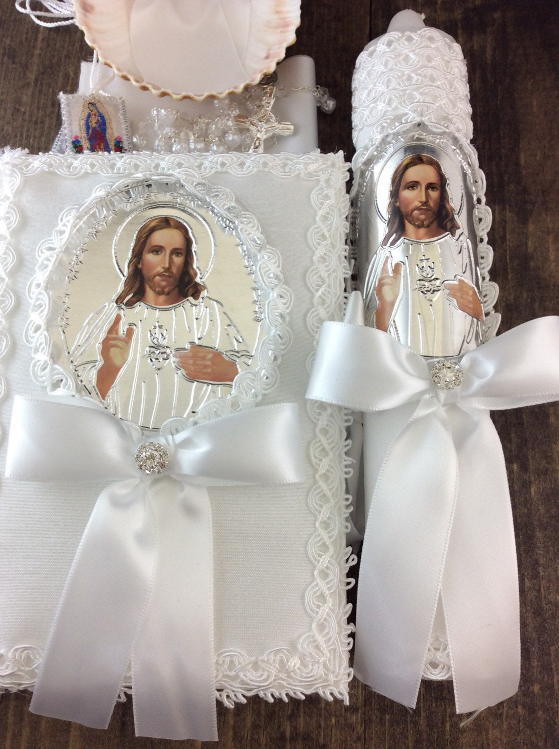 Communion candle, Baptism candle set/sacred heart of Jesus/White baptism Candle/Religious candle