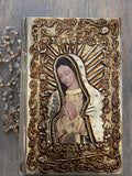 English bible repujado, wedding bible, Quinceañera bible, Biblia de Repujado, embossed metal sheeting bible, Virgen de Guadalupe