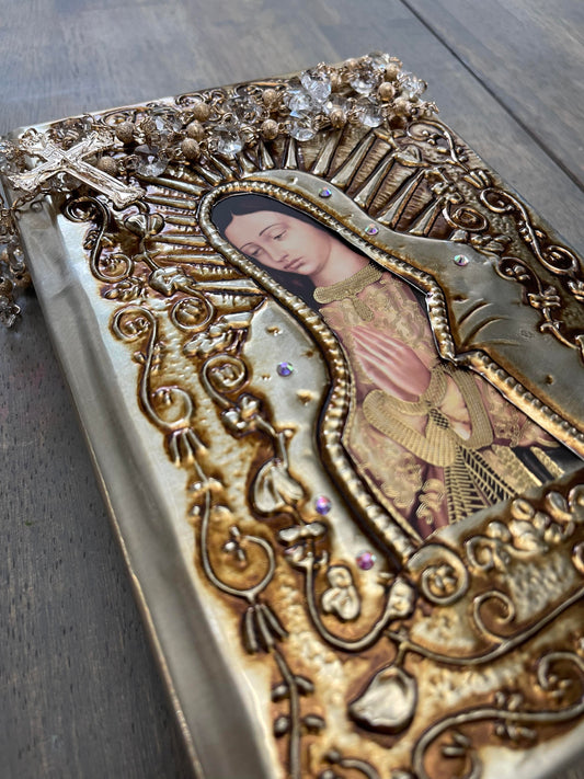 Spanish bible repujado, wedding bible, Quinceañera bible, Biblia de Repujado, embossed metal sheeting bible, Virgen de Guadalupe