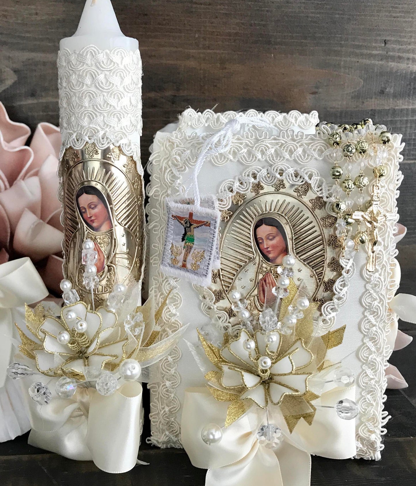 Baptism Virgen de Guadalupe candle set, velas de bautizo, velas para communion, communion candles, English candle sets, spanish candle sets (Copy) (Copy)