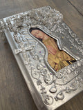 English bible repujado, wedding bible, Quinceañera bible, Biblia de Repujado, embossed metal sheeting bible, Virgen de Guadalupe