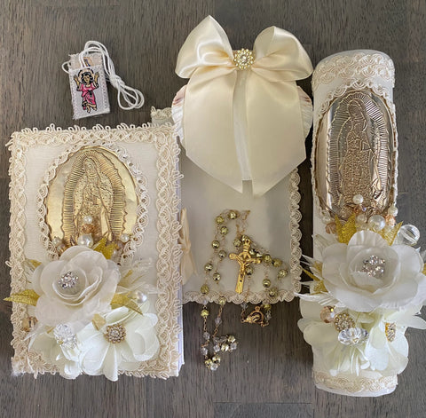 Baptism Virgen de Guadalupe gold candle set, velas de bautizo, velas para communion, communion candles, English candle sets, spanish candle sets