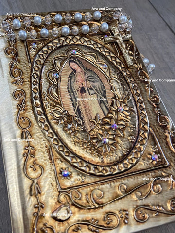 Spanish bible repujado, wedding bible, Quinceañera bible, Biblia de Repujado, embossed metal sheeting bible, Virgen de Guadalupe