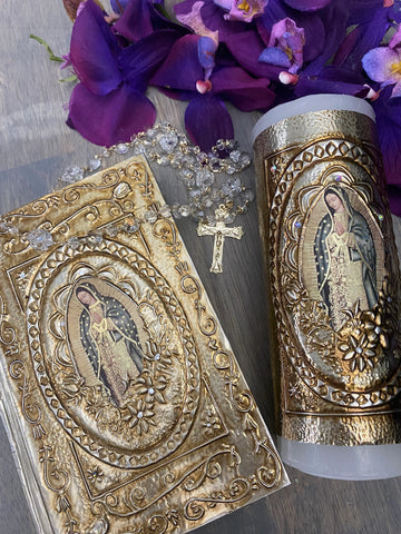 Spanish bible repujado, wedding bible, Quinceañera bible, Biblia de Repujado, embossed metal sheeting bible, Virgen de Guadalupe