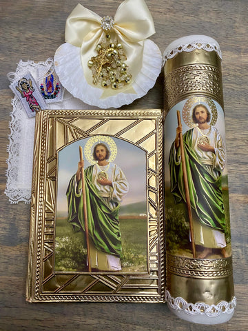 Baptism Saint Jude candle set, velas de bautizo San Judas, velas para communion, communion candles, English candle sets, spanish candle sets