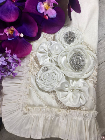 Baptism ruffle baby blanket ivory with blush flowers