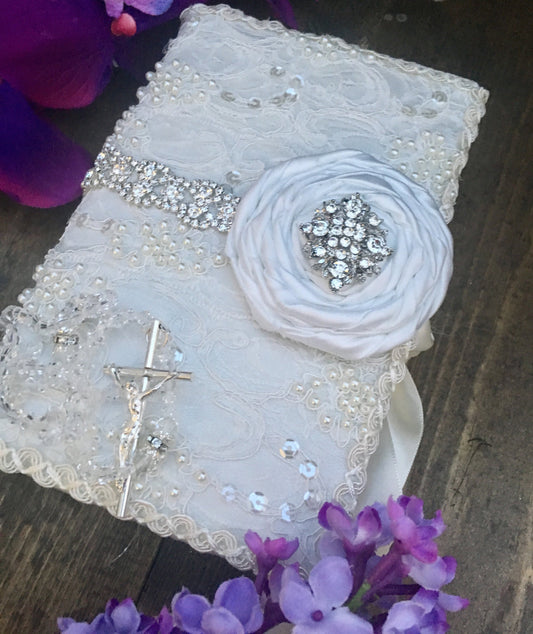 white wedding catholic bible, wedding book, wedding gifts, Lace Wedding bible and Rosary