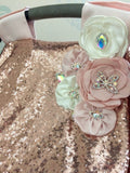 Baby carseat canopy Blush with rose gold sequin, flowers with ab effect brooches