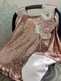 Baby carseat canopy Blush with rose gold sequin, flowers with ab effect brooches