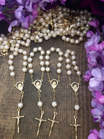 60 pieces Pearl Rosaries/Mini Rosaries/decade rosaries/Bead Gold cross Rosary Favors/baptism/wedding, Communion