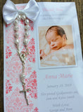 20 pcs Baptism damask pink Favor Cards/Cross rosaries/Baptism Rosary Favor Cards/ Christening Rosary Favor Cards/ Thank you