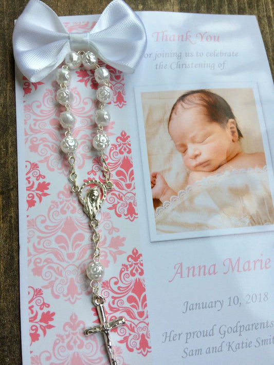 Thank you favor/ 25 pcs Baptism damask pink Favor Cards/Cross rosaries/Baptism Rosary Favor Cards/ Christening Rosary Favor Cards/ Thank you