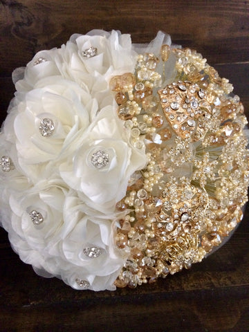 12" ivory Gold Fabric Brooch Bouquet/ivory gold bridal bouquet/Wedding brooch bouquet/ivory wedding/Quinceanera/ keepsake bouquet