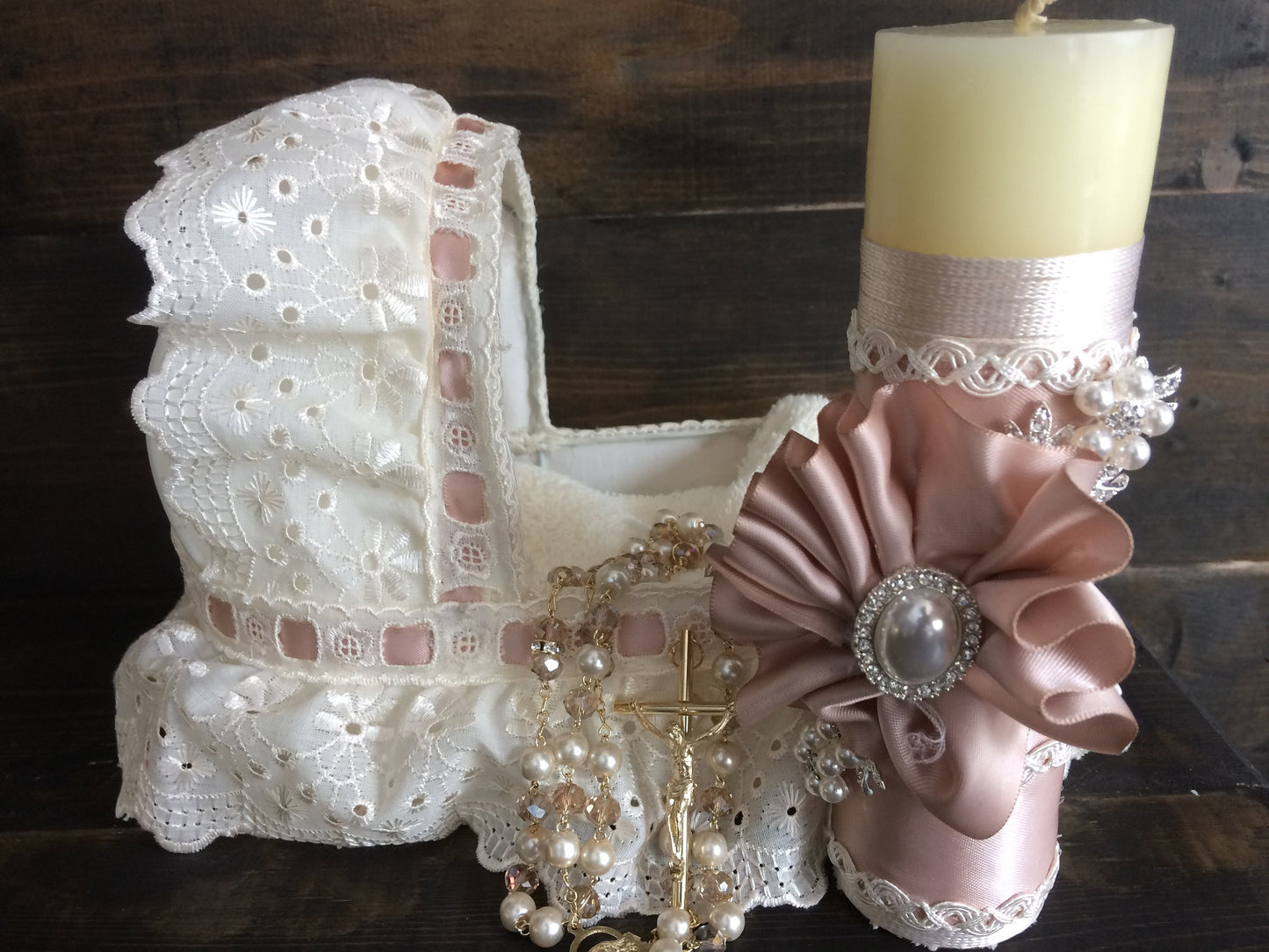 Ivory Mauve candle set, Vela para bautizo, Baptism candle set bassinet