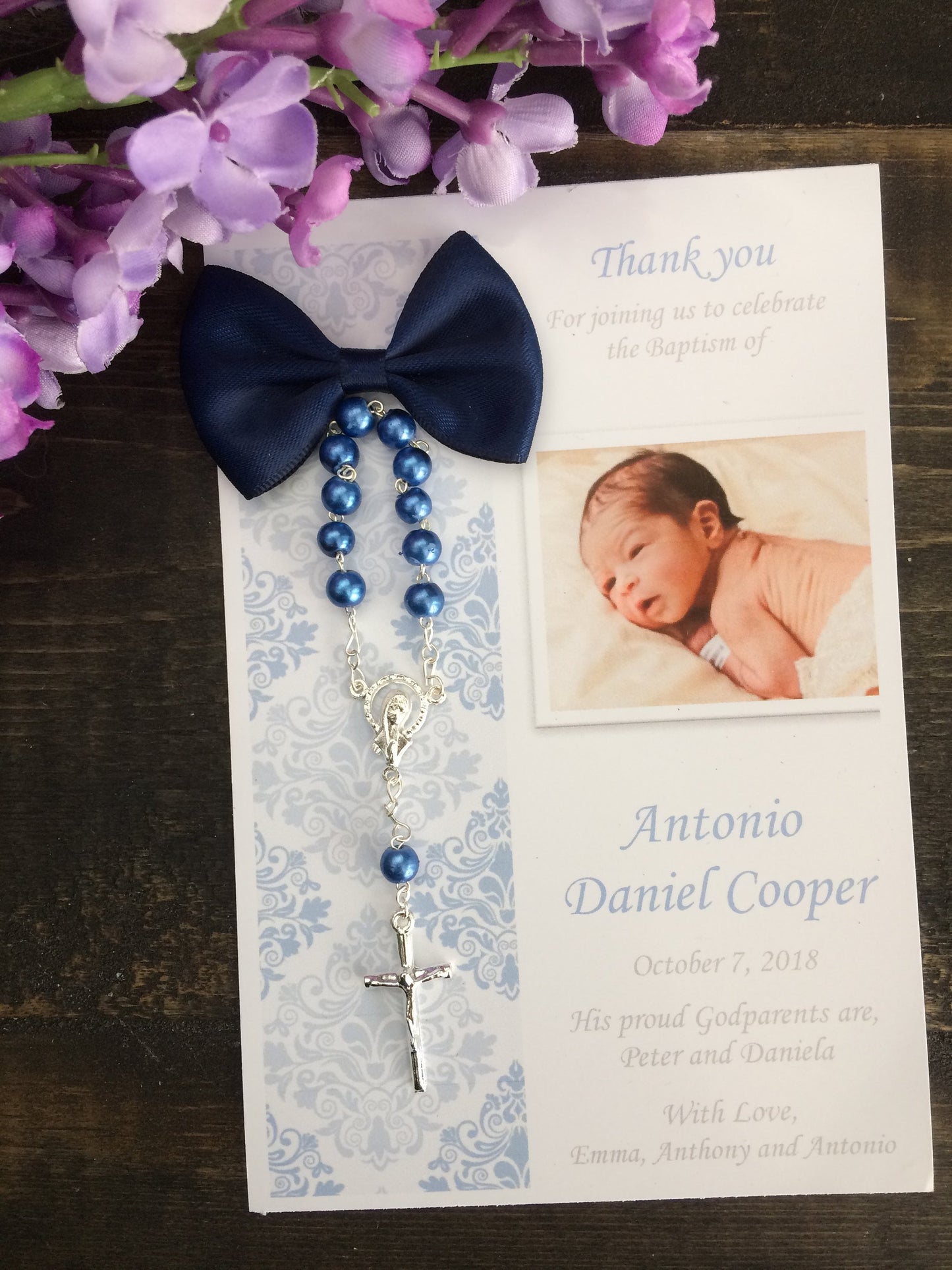 Thank you cards baby, 50 pcs Baptism thank you cards/cross rosaries, Baptism Rosary Favor Cards/  Christening Rosary Favor Card