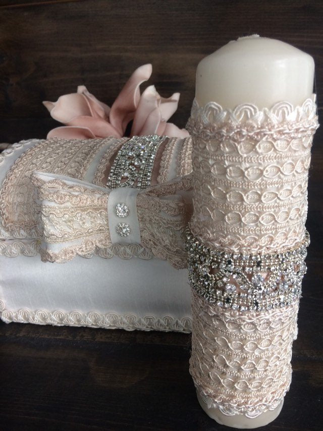 Ivory dusty Baptism candle set, Christening Candle set, Bautizo, Baul bautsimal, Vela de Bautizo