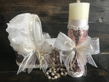 Ivory sequin candle set, Vela para bautizo, Baptism candle set bassinet