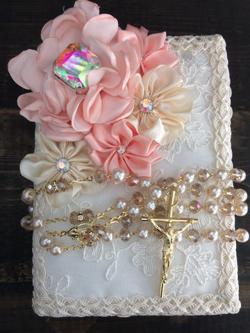 Blush flowers Lace Wedding bible and Rosary