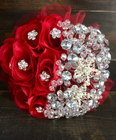 7" throw away red Gold bridal bouquet/Wedding brooch bouquet/red wedding/presentacion/keepsake bouquet/3 anos