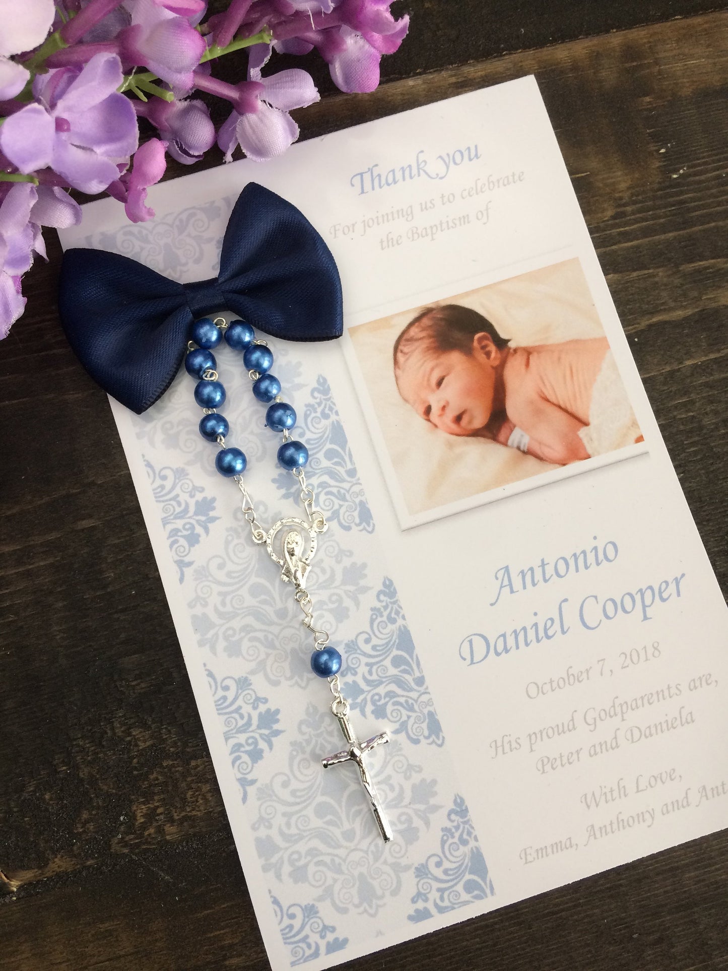 Thank you cards baby, 50 pcs Baptism thank you cards/cross rosaries, Baptism Rosary Favor Cards/  Christening Rosary Favor Card