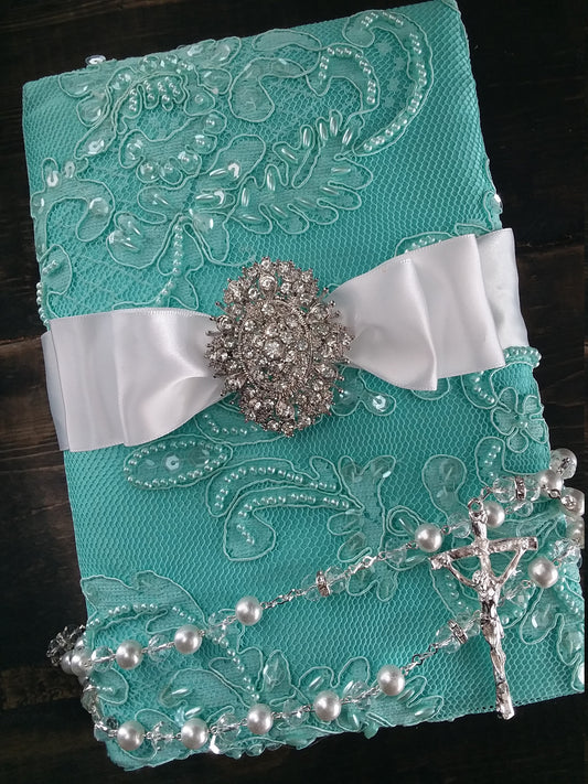 wedding ceremony lace bible and Rosary/aqua blue bible/Libro y Rosario/catholic bible/wedding bible rosary/lace bible, lace communion bible