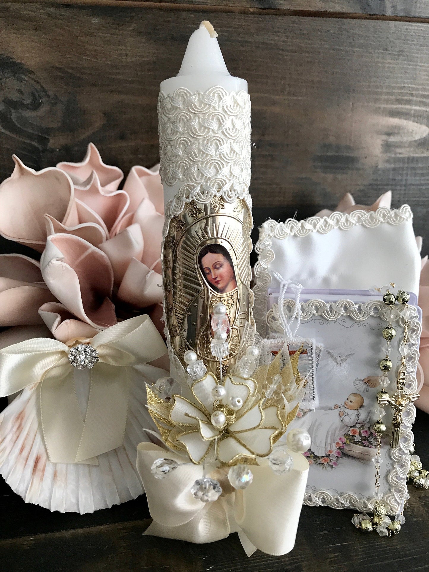 Baptism candle set/Virgen de guadalupe/vela para bautizo/vela para bautizo/religious candle/white candle, boy candle, girl candle