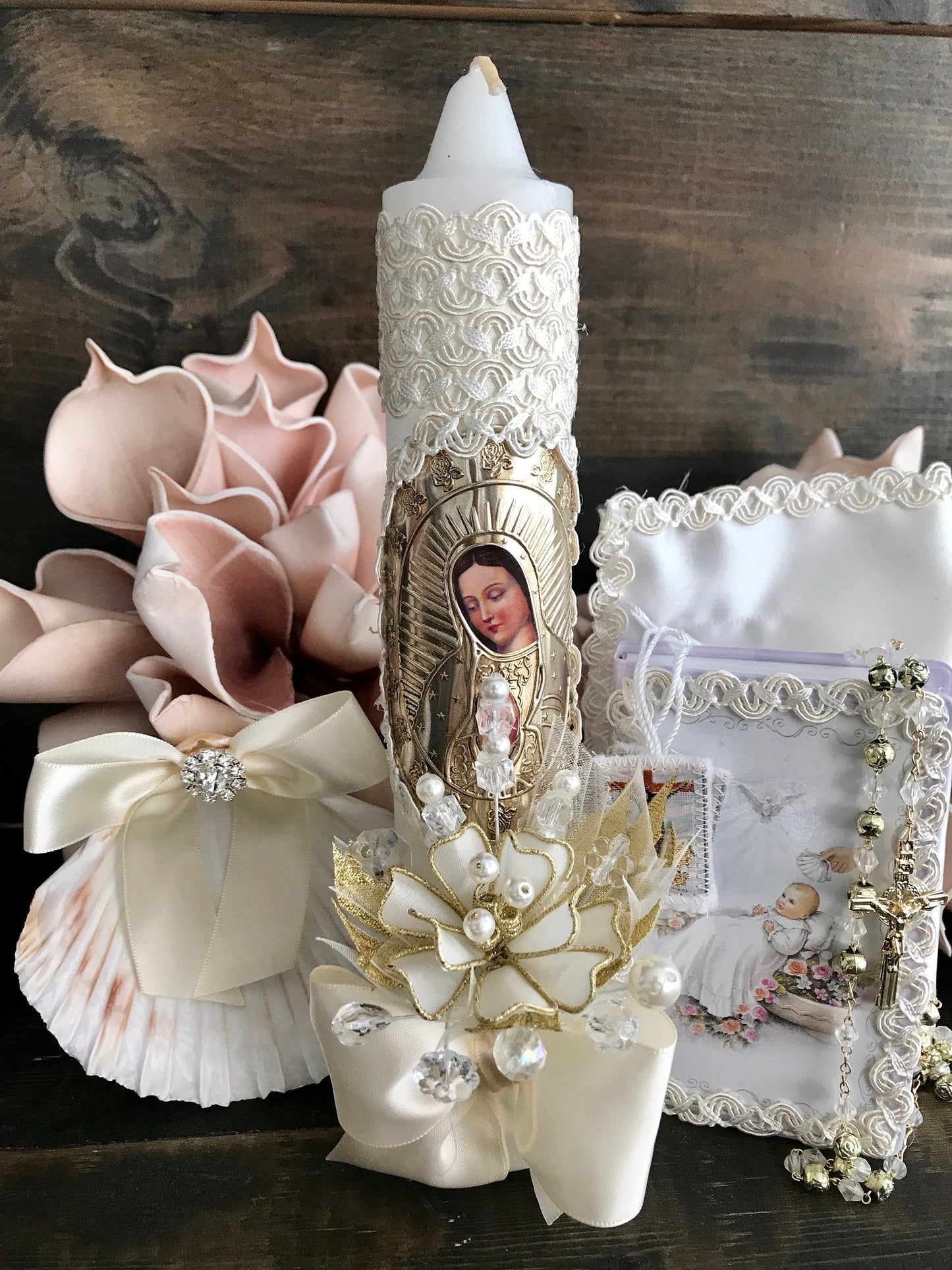 Baptism candle set/Virgen de guadalupe/vela para bautizo/vela para bautizo/religious candle/white candle, boy candle, girl candle