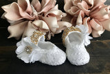 Baby girl baptism shoes white gold rhinestones, christening white shoes, gold baptism girl (Isabella)