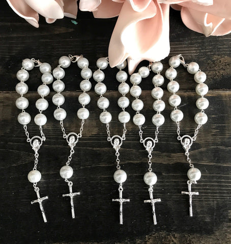 75 pcs 10mm Glass Pearl Rosaries, Decade Rosaries, First communion favors Recuerditos Bautizo 75pz/ Mini Pearl Rosary Baptism Favors