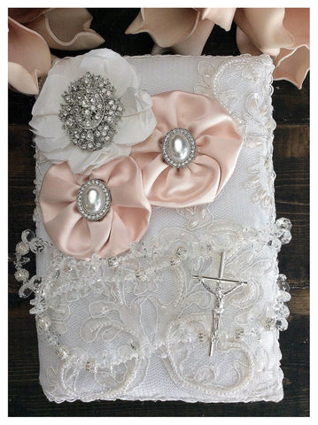 Blush white wedding bible, catholic bible white flowers, Wedding bible Lace pearl, Catholic wedding bible and wedding Rosary