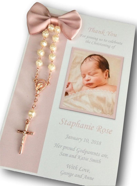Baptism invitation Cards, baptism girl favor 30pcs mini rosaries/Baptism Rosary Favor Cards/ Christening Rosary Favor Cards/ Thank you cards